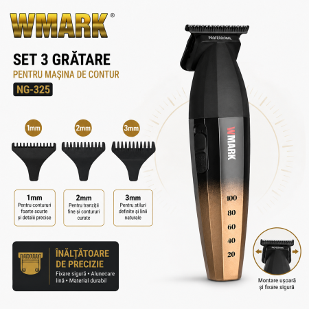 Masina de contur profesionala, WMARK NG-325, motor puternic 9000rpm, incarcare type C, lama DLC, cutit ceramic, 2 arici, gold [6]