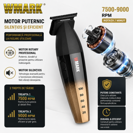 Masina de contur profesionala, WMARK NG-325, motor puternic 9000rpm, incarcare type C, lama DLC, cutit ceramic, 2 arici, gold [3]