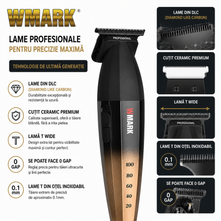 Masina de contur profesionala, WMARK NG-325, motor puternic 9000rpm, incarcare type C, lama DLC, cutit ceramic, 2 arici, gold [2]
