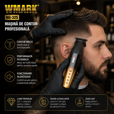 Masina de contur profesionala, WMARK NG-325, motor puternic 9000rpm, incarcare type C, lama DLC, cutit ceramic, 2 arici, gold [4]