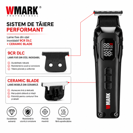 Mașină de Contur Profesională WMARK NG-8280, Motor 8000 RPM, Acumulator Li-Ion 2000mAh, Autonomie 300 Minute, Display LED, Încărcare USB Type-C, Lame 9CR DLC + Ceramic Blade, Extra Set Cuțite [4]