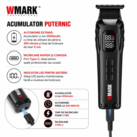 Mașină de Contur Profesională WMARK NG-8280, Motor 8000 RPM, Acumulator Li-Ion 2000mAh, Autonomie 300 Minute, Display LED, Încărcare USB Type-C, Lame 9CR DLC + Ceramic Blade, Extra Set Cuțite [1]