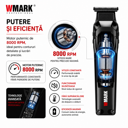 Mașină de Contur Profesională WMARK NG-8280, Motor 8000 RPM, Acumulator Li-Ion 2000mAh, Autonomie 300 Minute, Display LED, Încărcare USB Type-C, Lame 9CR DLC + Ceramic Blade, Extra Set Cuțite [2]