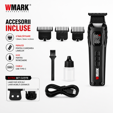 Mașină de Contur Profesională WMARK NG-8280, Motor 8000 RPM, Acumulator Li-Ion 2000mAh, Autonomie 300 Minute, Display LED, Încărcare USB Type-C, Lame 9CR DLC + Ceramic Blade, Extra Set Cuțite [6]