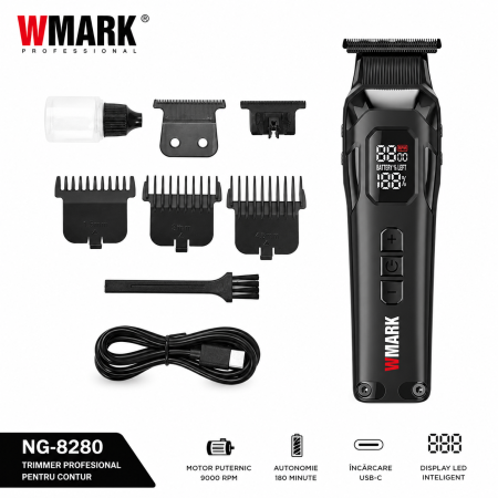 Mașină de Contur Profesională WMARK NG-8280, Motor 8000 RPM, Acumulator Li-Ion 2000mAh, Autonomie 300 Minute, Display LED, Încărcare USB Type-C, Lame 9CR DLC + Ceramic Blade, Extra Set Cuțite [3]