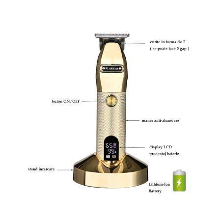 Masina de tuns barba si contur profesionala, Plarths JM-751G, stand incarcare, baterie Li-ion 180 min, afisaj LCD, gold [1]