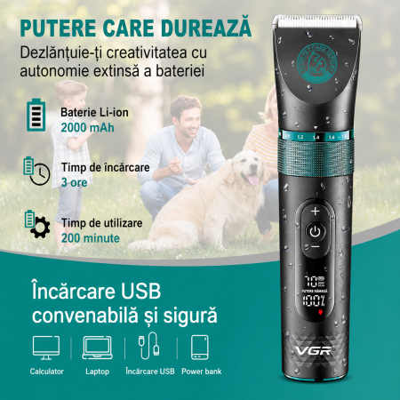 Aparat de tuns animale, VGR V-209 Profesionala, Display LED, Lame Ceramice, IPX7 Waterproof, 2000mAh, 200 Minute Autonomie, USB Type-C [6]