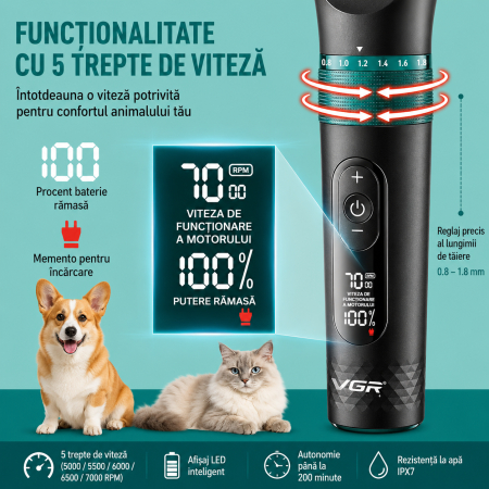 Aparat de tuns animale, VGR V-209 Profesionala, Display LED, Lame Ceramice, IPX7 Waterproof, 2000mAh, 200 Minute Autonomie, USB Type-C [2]