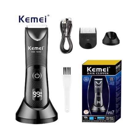 Masina de tuns Kemei 1840, inghinal, barba si corp, rezistent la apa IPX7, 6000 rpm, cu stand, incarcare Type-C, negru [0]