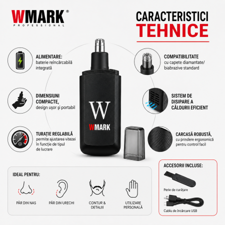 Aparat de tuns părul din nas și urechi WMARK NG-NT002, Reîncărcabil USB, Acumulator 100mAh, Motor DC de mare viteză, Autonomie 40 min, Încărcare rapidă 40 min, Compact și Portabil, Negru [3]