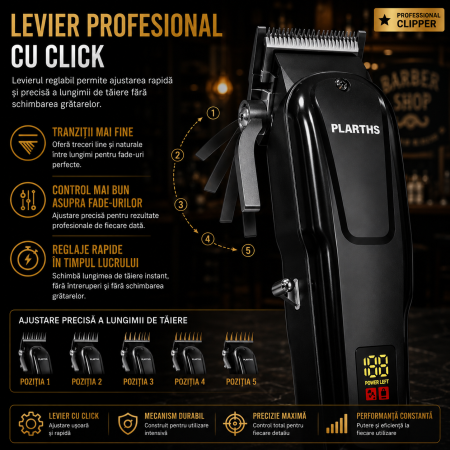 Masina de tuns parul profesionala, PLARTHS NG-1001, afisaj LED, 8 gratare 1.5-19mm, 1 pieptene, incarcare type C, negru [3]