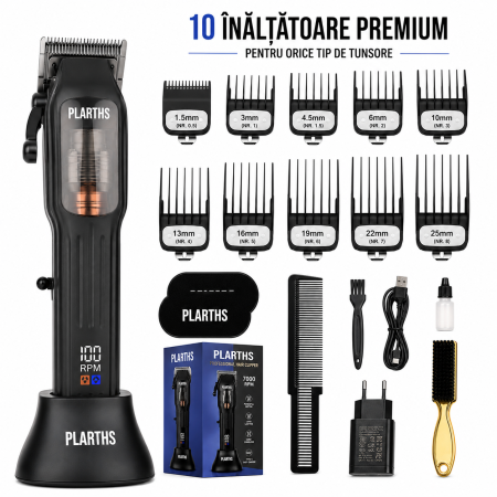 Masina de tuns parul profesionala PLARTHS NG-9006, motor magnetic 10.000rpm, 10 inaltatoare premium 1.5-25mm