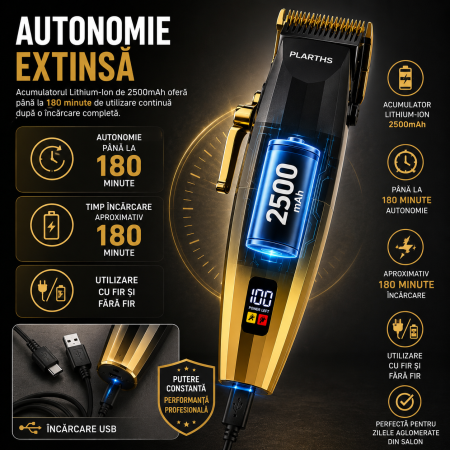 Masina de tuns profesionala cu acumulator, PLARTHS NG-222, motor puternic 7200rpm, 8 gratare premium 1.5 - 25mm [4]