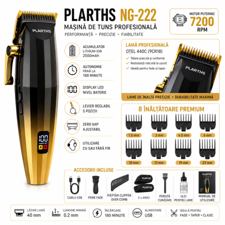 Masina de tuns profesionala cu acumulator, PLARTHS NG-222, motor puternic 7200rpm, 8 gratare premium 1.5 - 25mm [1]