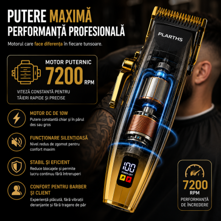 Masina de tuns profesionala cu acumulator, PLARTHS NG-222, motor puternic 7200rpm, afisaj LED, 8 gratare premium1.5 - 25mm, 2 arici, perie fade, pieptan, stand incarcare [2]