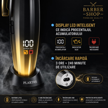Masina de tuns profesionala cu acumulator, PLARTHS NG-222, motor puternic 7200rpm, afisaj LED, 8 gratare premium1.5 - 25mm, 2 arici, perie fade, pieptan, stand incarcare [7]
