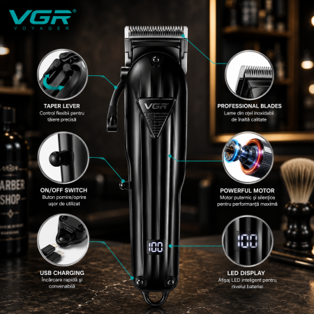 Masina de tuns profesionala cu acumulator, VGR V-282, afisaj LED, 6 gratare 1.5mm - 13mm, Negru [2]