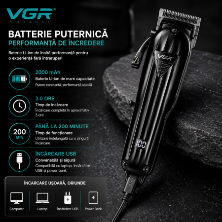 Masina de tuns profesionala cu acumulator, VGR V-282, afisaj LED, 6 gratare 1.5mm - 13mm, Negru [4]
