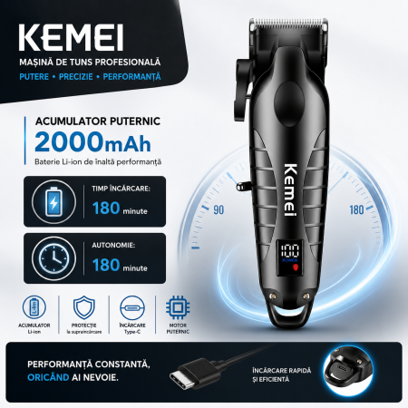Masina de tuns  profesionala fara fir KEMEI KM-2290 , 10 W, baterie 2000 mAh, autonomie 180 min, afișaj LED, lame ceramice, carcasă metalică [1]