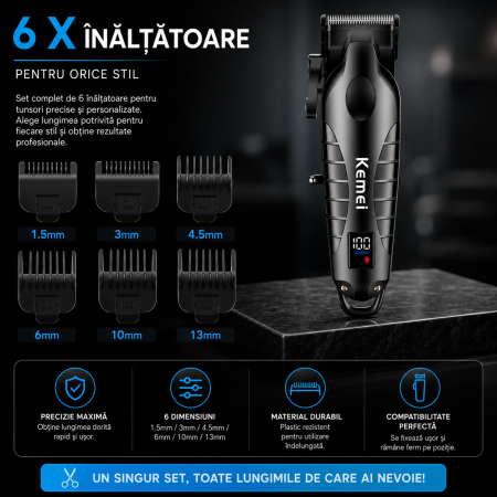 Masina de tuns  profesionala fara fir KEMEI KM-2290 , 10 W, baterie 2000 mAh, autonomie 180 min, afișaj LED, lame ceramice, carcasă metalică [6]