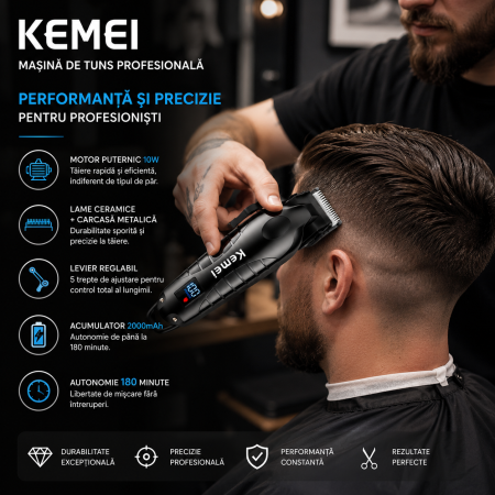 Masina de tuns  profesionala fara fir KEMEI KM-2290 , 10 W, baterie 2000 mAh, autonomie 180 min, afișaj LED, lame ceramice, carcasă metalică [5]