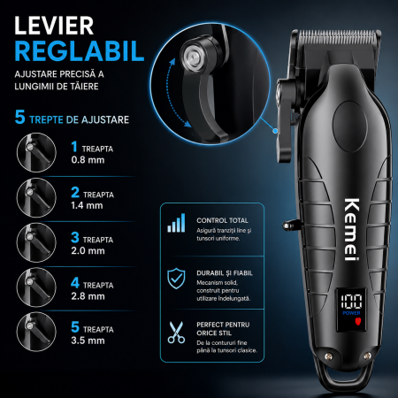 Masina de tuns  profesionala fara fir KEMEI KM-2290 , 10 W, baterie 2000 mAh, autonomie 180 min, afișaj LED, lame ceramice, carcasă metalică [3]