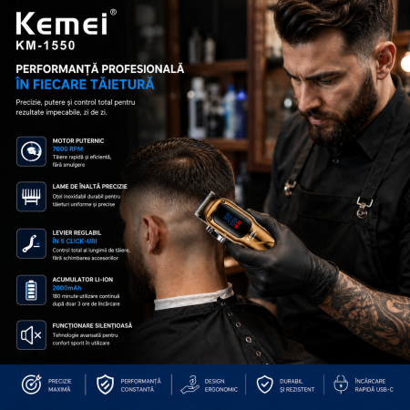 Masina de tuns profesionala Kemei KM-1550, Motor 7000 RPM, Display LED, Acumulator Li-Ion 2000mAh, USB Type-C, 180 minute autonomie [6]