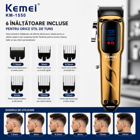 Masina de tuns profesionala Kemei KM-1550, Motor 7000 RPM, Display LED, Acumulator Li-Ion 2000mAh, USB Type-C, 180 minute autonomie [7]