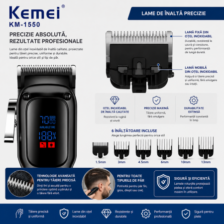 Masina de tuns profesionala Kemei KM-1550, Motor 7000 RPM, Display LED, Acumulator Li-Ion 2000mAh, USB Type-C, 180 minute autonomie [1]
