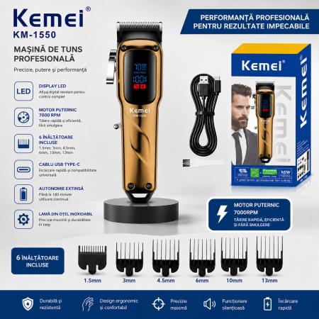 Masina de tuns profesionala Kemei KM-1550, Motor 7000 RPM, Display LED, Acumulator Li-Ion 2000mAh, USB Type-C, 180 minute autonomie [3]