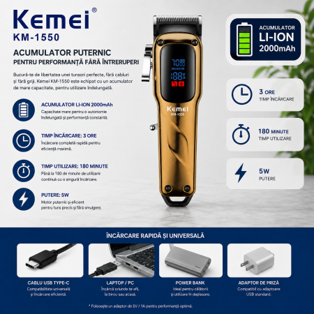 Masina de tuns profesionala Kemei KM-1550, Motor 7000 RPM, Display LED, Acumulator Li-Ion 2000mAh, USB Type-C, 180 minute autonomie [4]