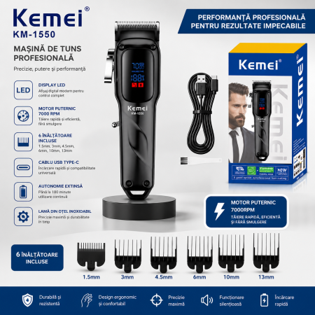 Masina de tuns profesionala Kemei KM-1550, Motor 7000 RPM, Display LED, Acumulator Li-Ion 2000mAh, USB Type-C, 180 minute autonomie [2]