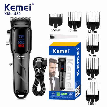 MASINI DE TUNS - Masina de tuns profesionala Kemei KM-1550, Motor 7000 RPM, Display LED, Acumulator Li-Ion 2000mAh, USB Type-C, 180 minute autonomie