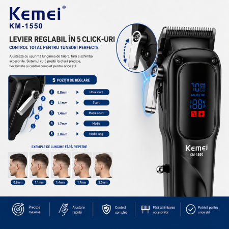 Masina de tuns profesionala Kemei KM-1550, Motor 7000 RPM, Display LED, Acumulator Li-Ion 2000mAh, USB Type-C, 180 minute autonomie [5]