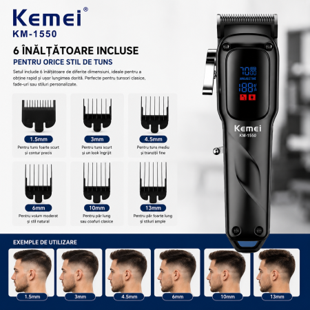 Masina de tuns profesionala Kemei KM-1550, Motor 7000 RPM, Display LED, Acumulator Li-Ion 2000mAh, USB Type-C, 180 minute autonomie [8]