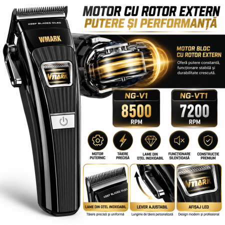 Masina de Tuns Profesionala WMARK NG-V1, Motor Brushless 8500 RPM, 10 Inaltatoare, Lame DLC [1]