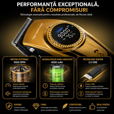 Masina de Tuns Profesionala Kemei KM-1691, Motor 9000 RPM, 10W, Acumulator 4500 mAh, 6 Inaltatoare premium [8]