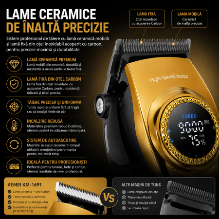 Masina de Tuns Profesionala Kemei KM-1691, Motor 9000 RPM, 10W, Acumulator 4500 mAh, 6 Inaltatoare premium [7]