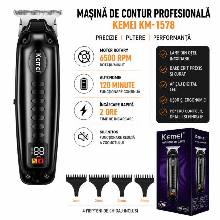 Masina de contur profesională Kemei KM-1578, Lamă T 40 mm, 6500 RPM, Acumulator Li-Ion 800 mAh, Autonomie 120 min, Încărcare USB Type-C, Display LCD, Negru [1]