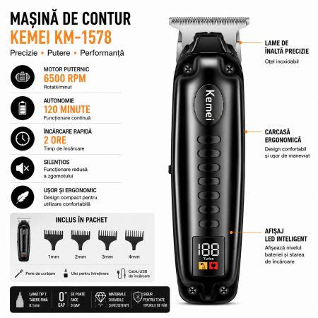 Masina de contur profesională Kemei KM-1578, Lamă T 40 mm, 6500 RPM, Acumulator Li-Ion 800 mAh, Autonomie 120 min, Încărcare USB Type-C, Display LCD, Negru [3]