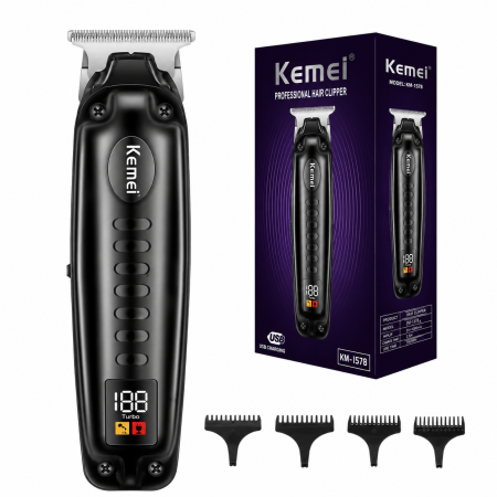 MASINI DE CONTUR - Masina de contur profesională Kemei KM-1578, Lamă T 40 mm, 6500 RPM, Acumulator Li-Ion 800 mAh, Autonomie 120 min, Încărcare USB Type-C, Display LCD, Negru