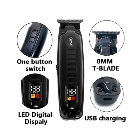 Masina de tuns si contur profesionala, Kemei KM-1578, baterie Li-ion 120 min, Cutit T 0.1mm, incarcare type c, afisaj LCD, negru [4]