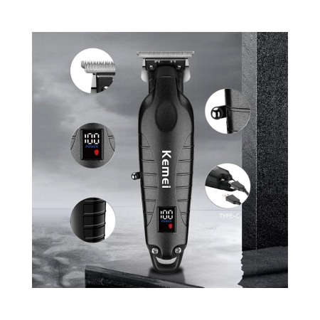 Masina de tuns si contur profesionala, Kemei KM-2293, Carcasa metalica, Cutit T 0.1mm, incarcare type c, afisaj LCD, negru [1]
