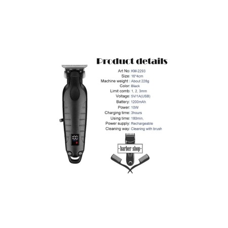 Masina de tuns si contur profesionala, Kemei KM-2293, Carcasa metalica, Cutit T 0.1mm, incarcare type c, afisaj LCD, negru [3]