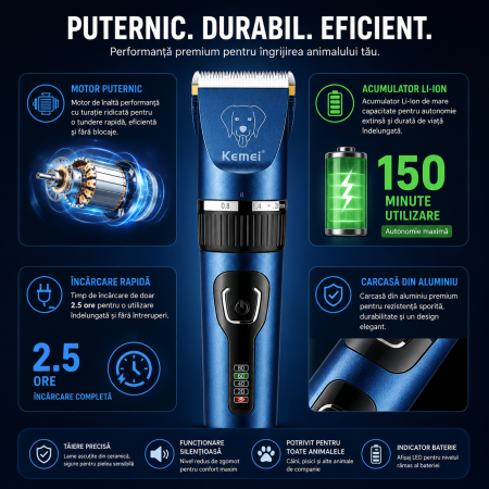 Masina Profesionala de Tuns Animale Kemei KM-CW12, Motor Puternic, Lamă Ceramică, Reglaj 0.8-2 mm, Acumulator Li-Ion, Carcasa Aluminiu [6]