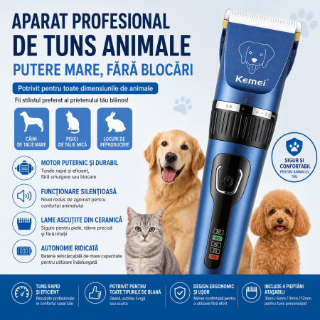 Masina Profesionala de Tuns Animale Kemei KM-CW12, Motor Puternic, Lamă Ceramică, Reglaj 0.8-2 mm, Acumulator Li-Ion, Carcasa Aluminiu [4]