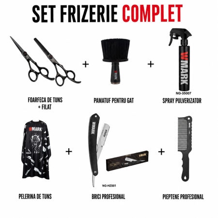 SET MASINI DE TUNS SI CONTUR - SET ACCESORII FRIZERIE COMPLET, FOARFECA TUNS SI FILAT 6inch WMARK, PAMATUF, PULVERIZATOR, PELERINA, BRICI, PIEPTENE