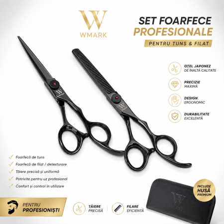Set foarfeci de tuns si filat WMARK NG-PS002A/B, profesional din otel inoxidabil 9CR18, marime 6 inch, ulei, pieptan, negru [1]
