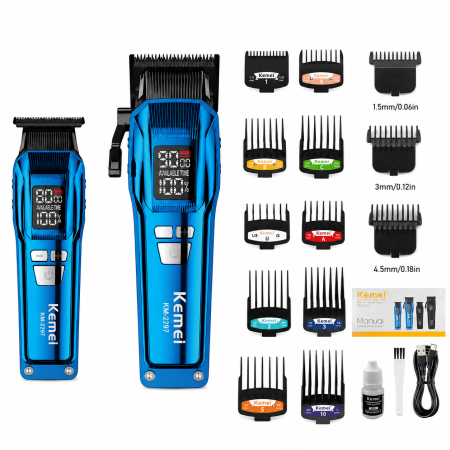 MASINI DE CONTUR - SET MASINA DE TUNS SI CONTUR PROFESIONALA KEMEI KM-2797, CUTITE DLC, 9000RPM, DISPLAY LED, ACUMULATOR 4600MAH, 13 INALTATOARE