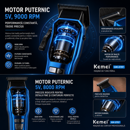 SET MASINA DE TUNS SI CONTUR PROFESIONALA KEMEI KM-2797, CUTITE DLC, 9000RPM, DISPLAY LED, ACUMULATOR 4600MAH, 13 INALTATOARE [4]